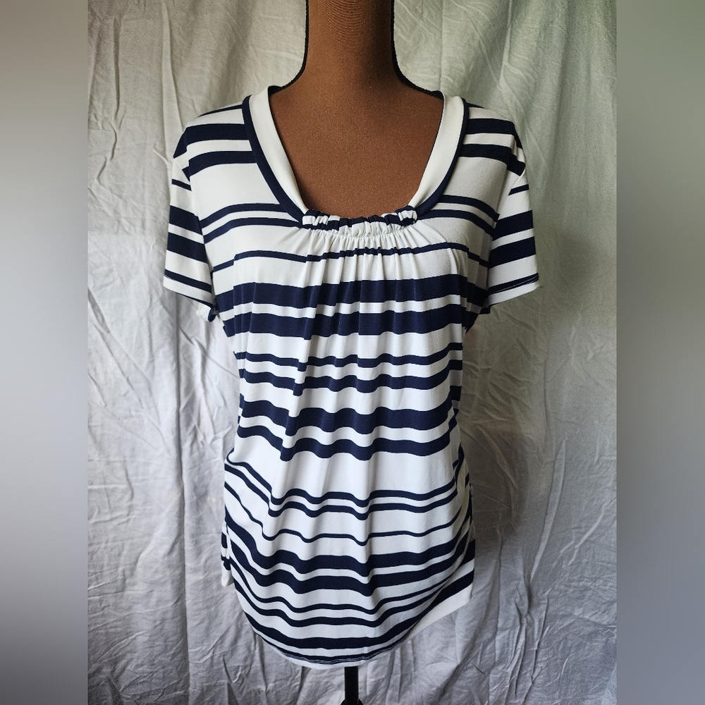 New York & Company Blue and White Ruched Blouse with Peter Pan Collar
